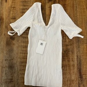 Helmut Lang White Ribbed V-Neck tunic Top blouse arm cutouts 3/4 sleeves XS nwt